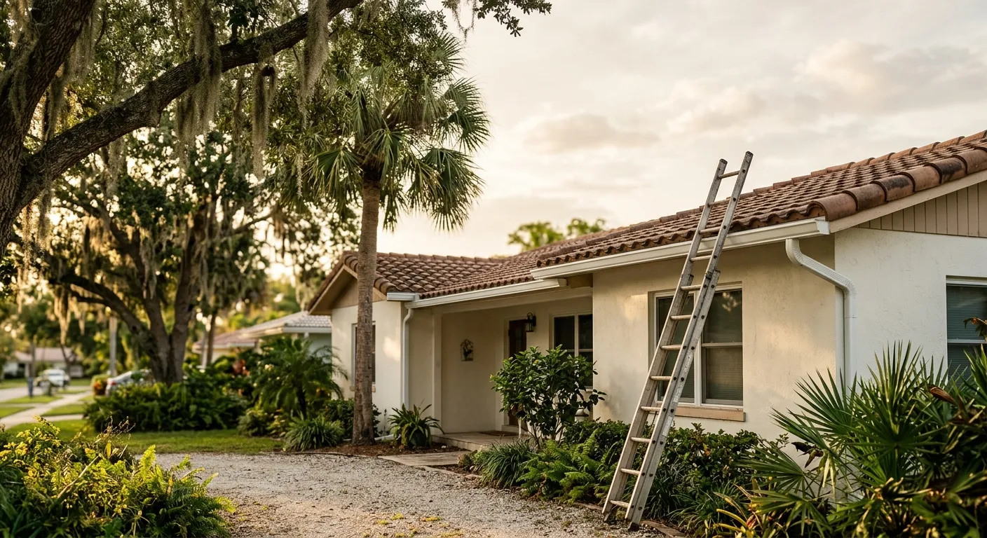 Freshly cleaned seamless gutters on a single-story Pembroke Pines home with a tile roof and palm trees