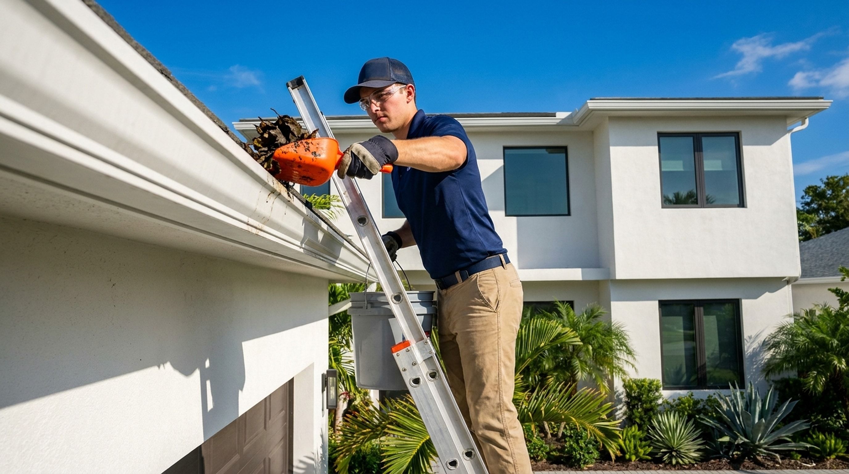 Professional gutter cleaner on a ladder clearing leaves from the seamless gutters of a modern Pembroke Pines home